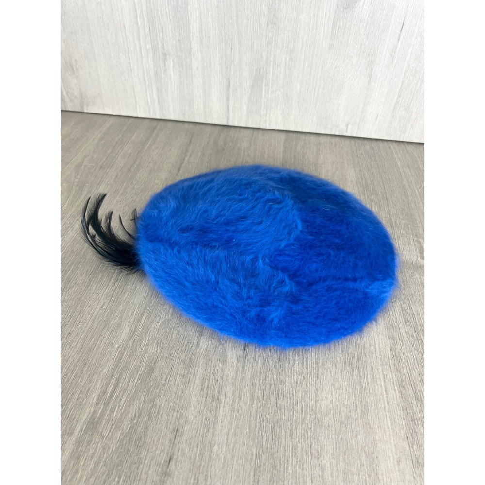 Vintage Kangol Furgora Tammy Beret Blue Angora Fuzzy Hat Feather Bow England